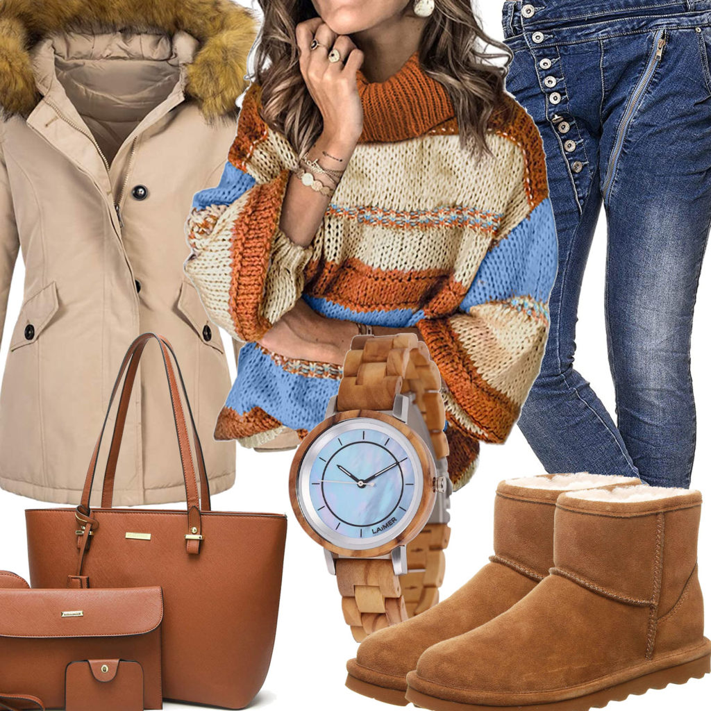 Beige-Braunes Frauenoutfit mit Pullover und Winterjacke