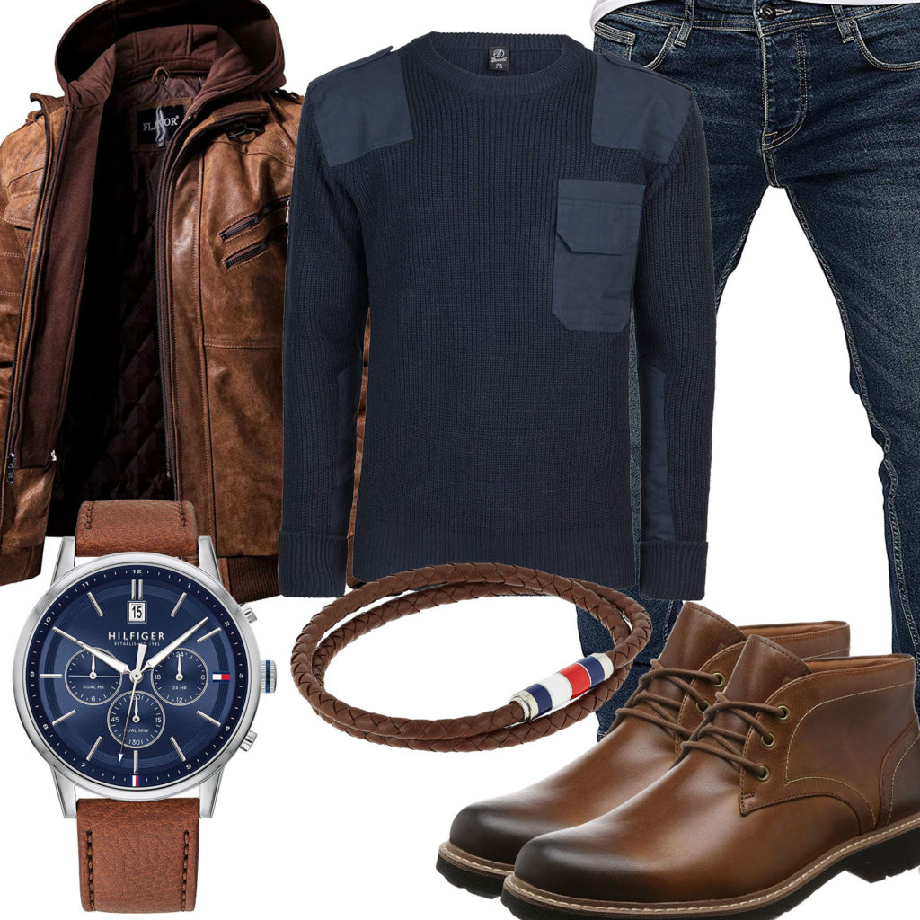 Braun-Blaues Herrenoutfit mit Lederjacke und BW-Pullover