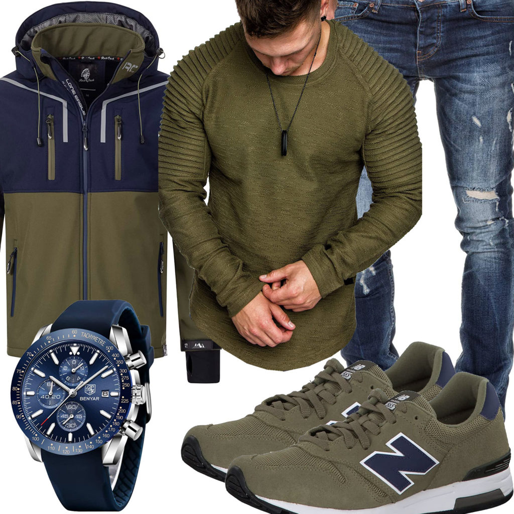 Grün-Blaues Herrenoutfit mit Pullover, Softshelljacke und Uhr