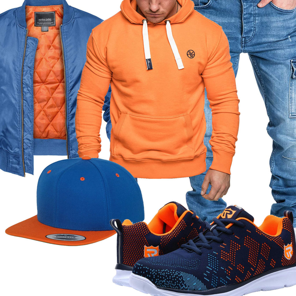 Orange-Blaues Herrenoutfit mit Bomberjacke und Hoodie