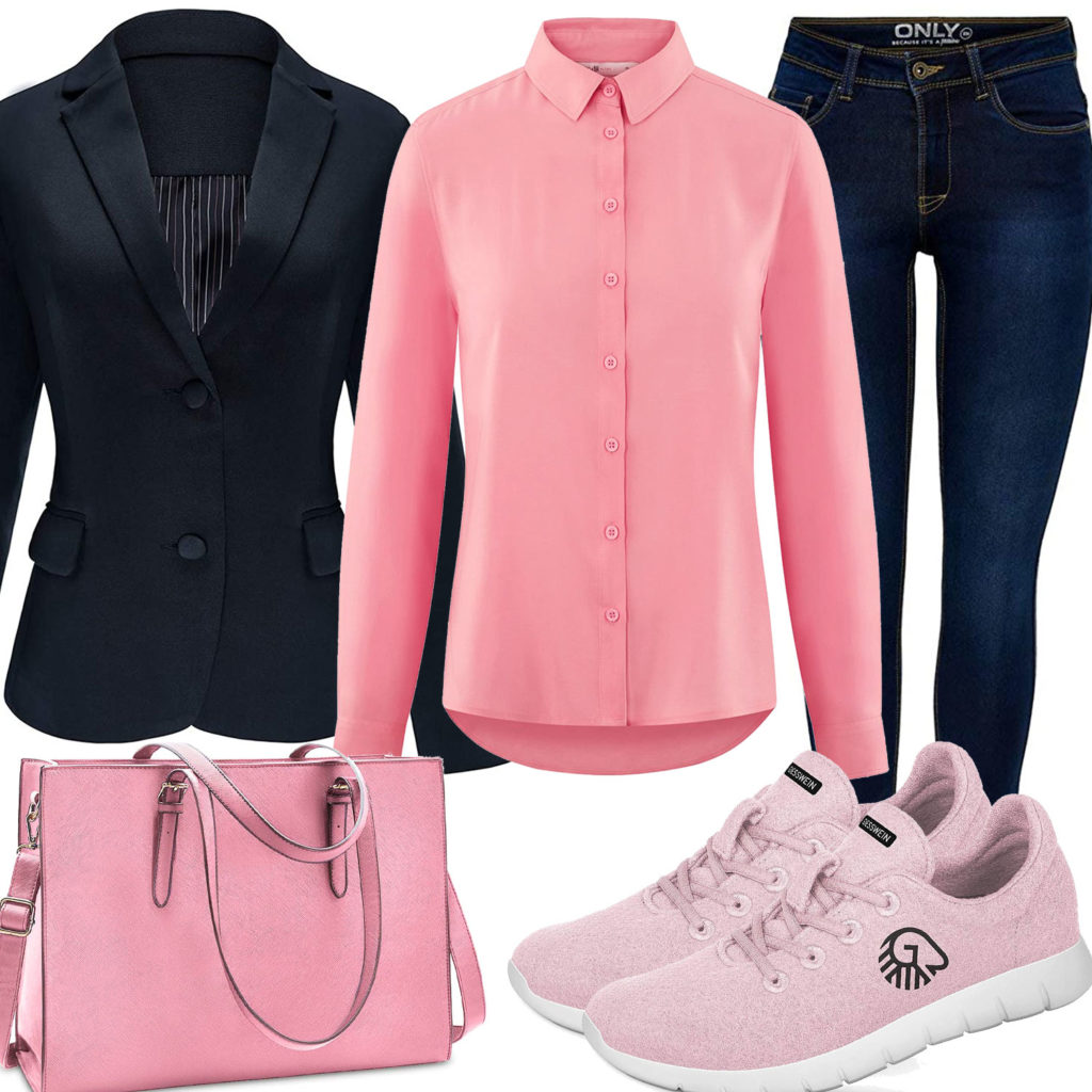 Damen-Businessoutfit mit rosa Bluse und Sneakern