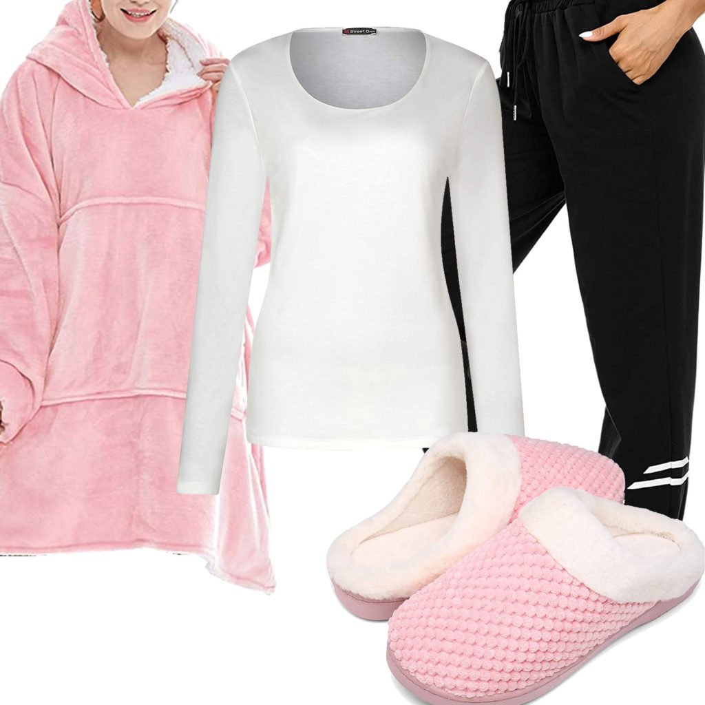 Homeoffice-Style mit rosa Hoodie und Hausschuhen