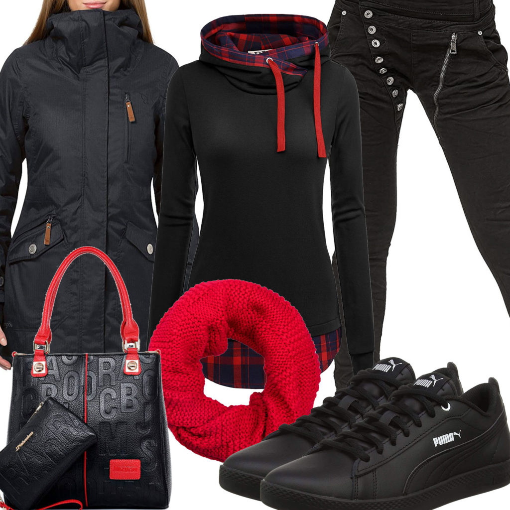 Schwarz-Rotes Frauenoutfit mit Schal und Hoodie