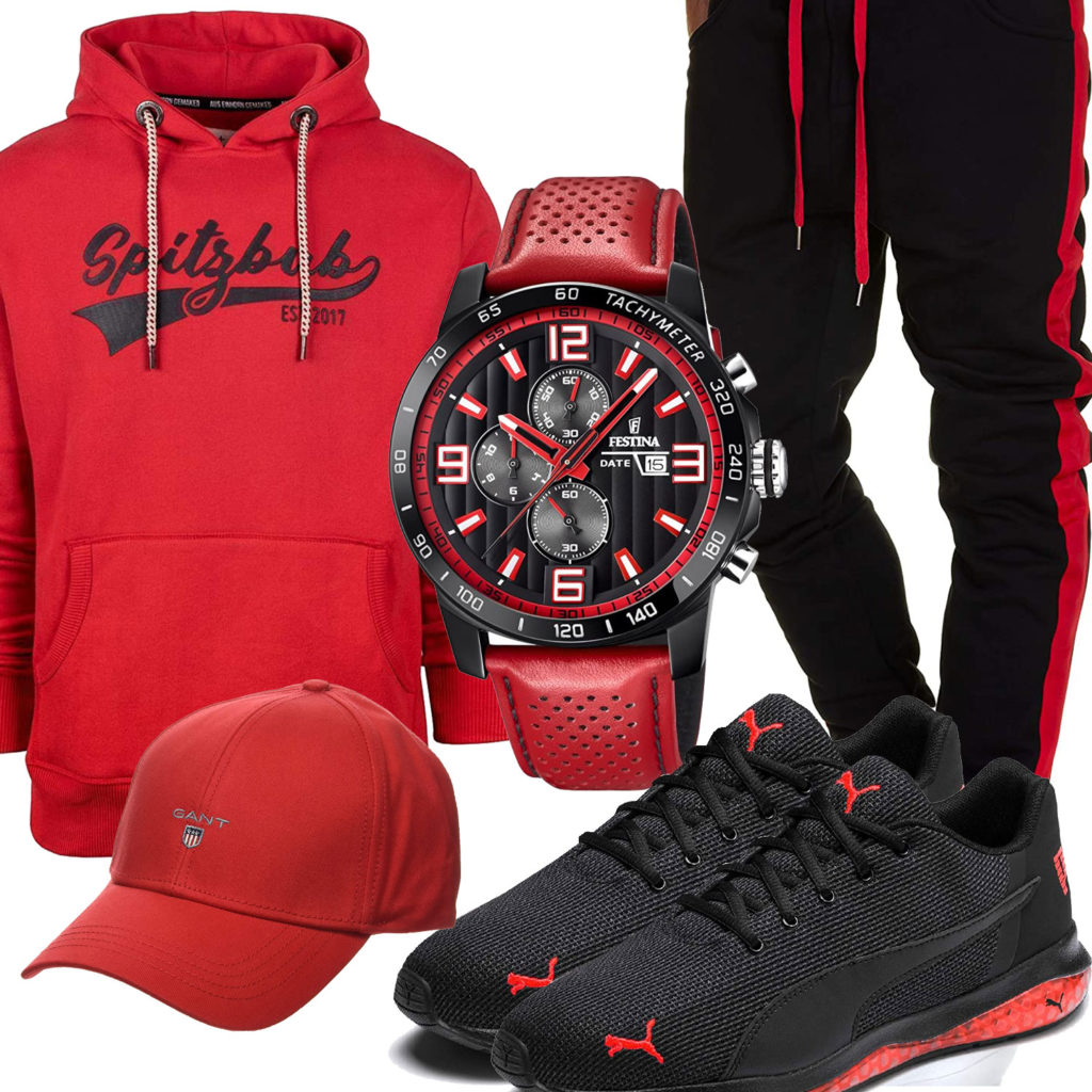 Schwarz-Rotes Herrenoutfit mit Hoodie und Jogginghose