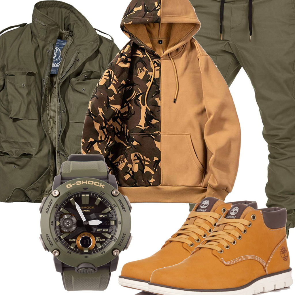 Beige-Grünes Herrenoutfit mit Camouflage Hoodie und Uhr