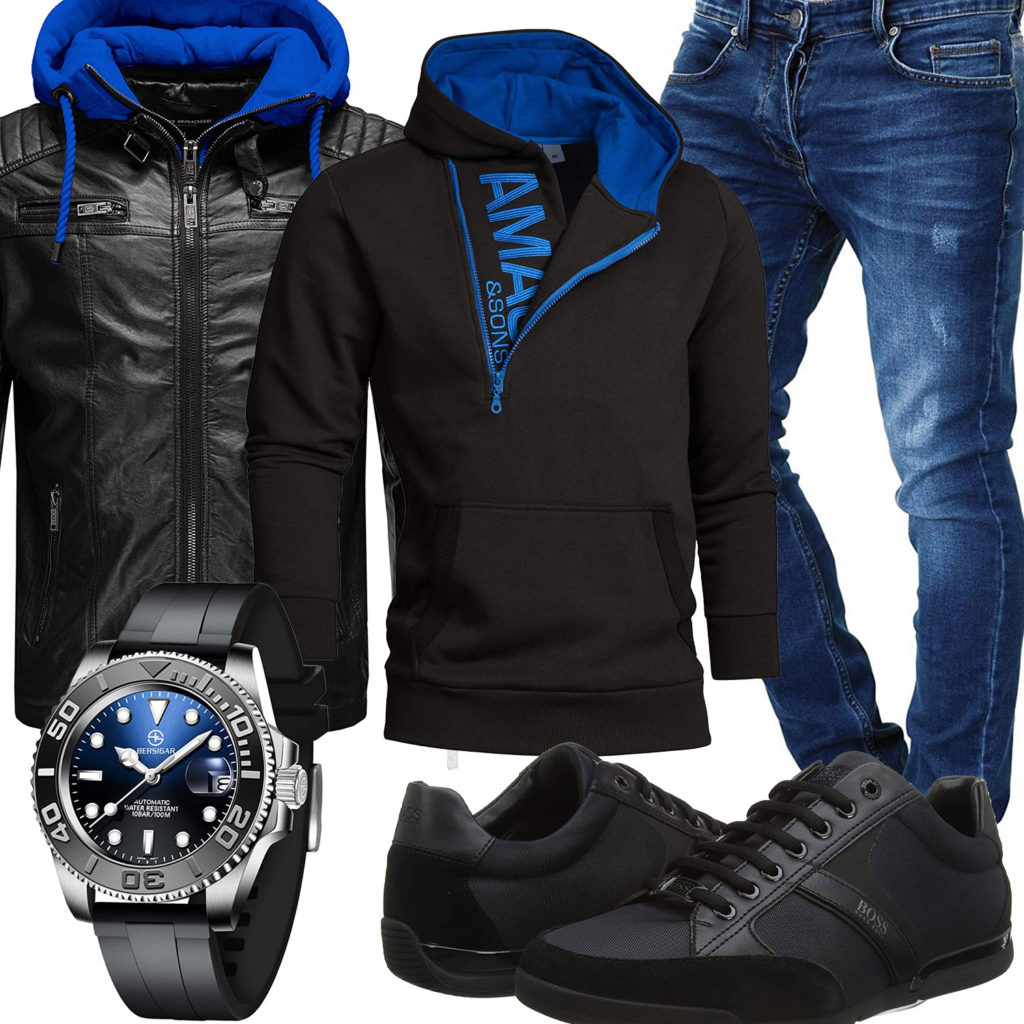 Blau-Schwarzes Herrenoutfit mit Hoodie und Lederjacke