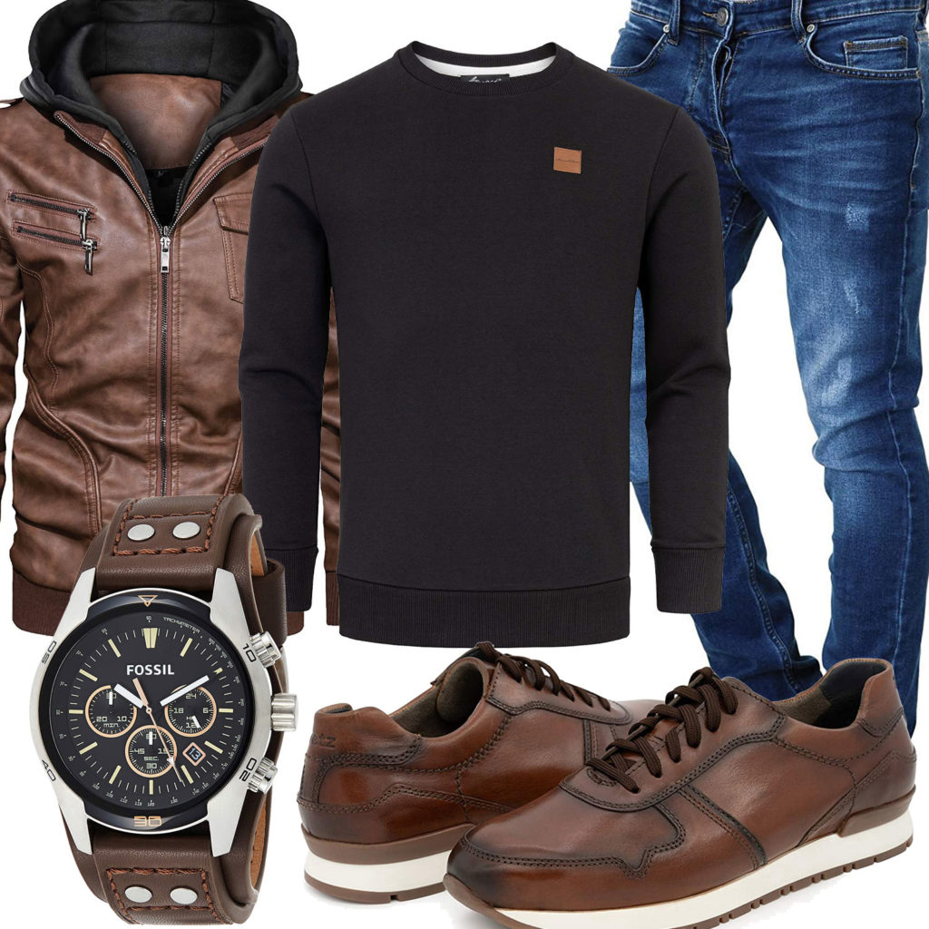 Braunes Herrenoutfit mit Lederjacke, Sneaker und Uhr