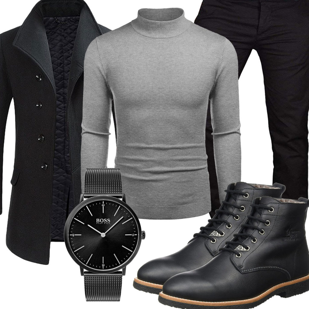 Schwarze Business-Style mit Mantel und Stiefeln