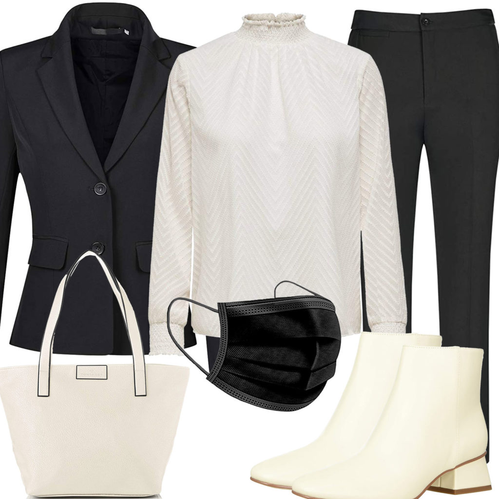 Schwarz-Creme Damenoutfit mit Bluse und Anzug