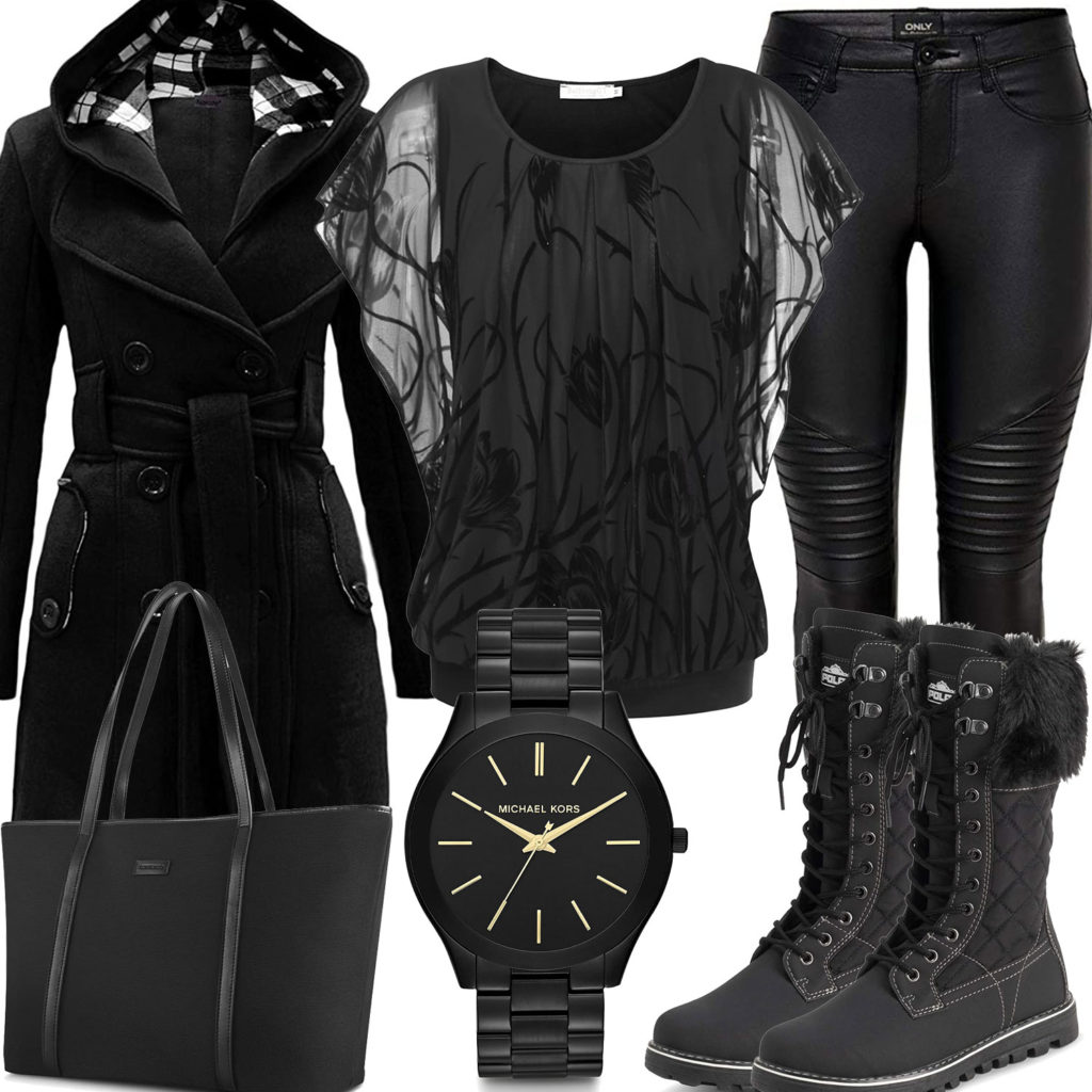 Schwarzes Frauenoutfit mit Bluse, Uhr und Stiefeln