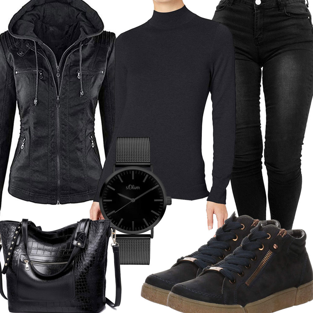 Schwarzes Frauenoutfit mit Lederjacke, Jeans und Uhr