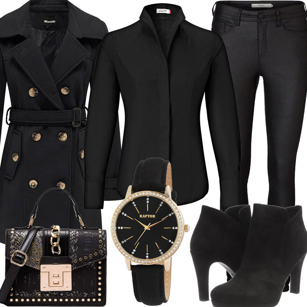 Schwarzes Frauenoutfit mit Pumps, Bluse und Uhr