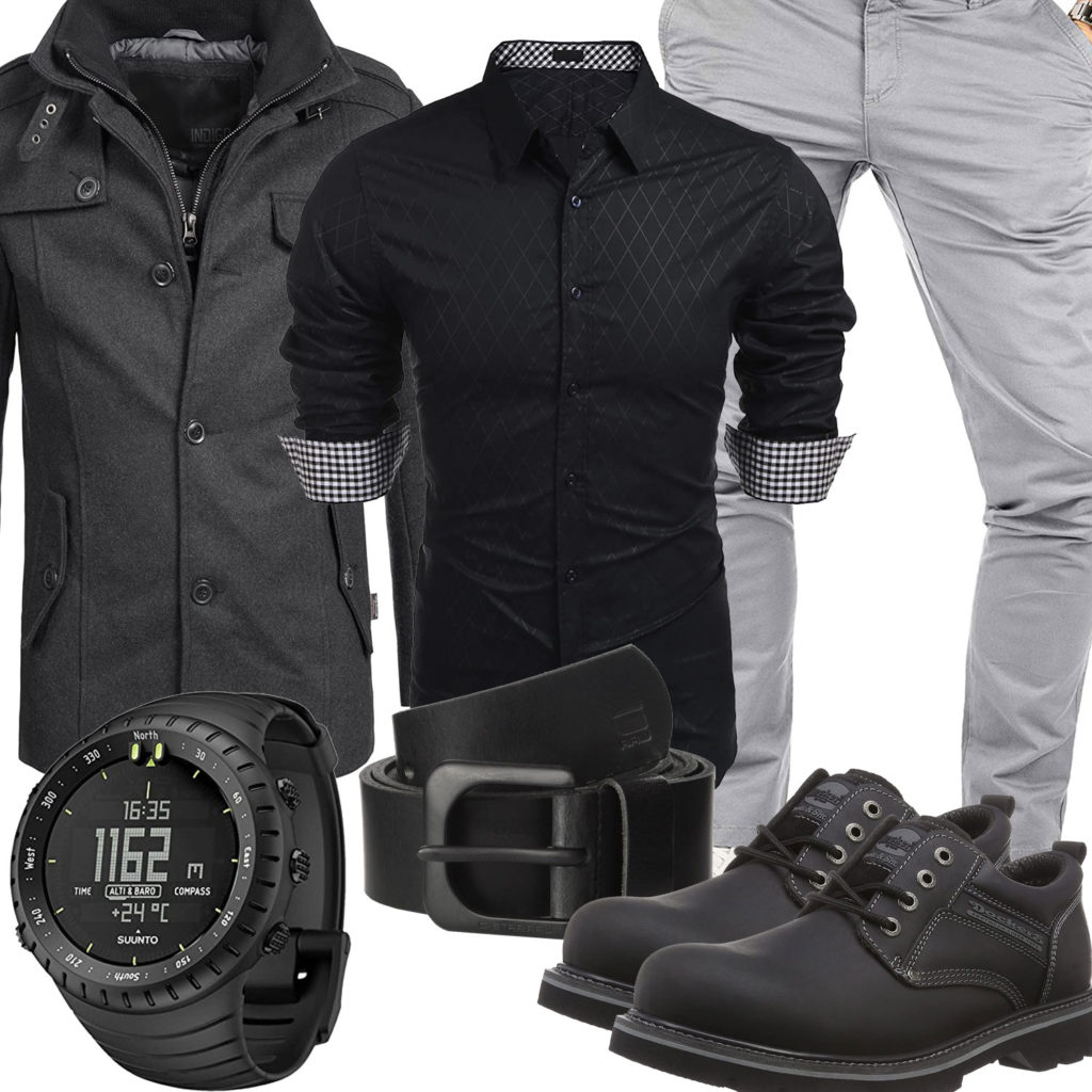 Schwarz-Graues Herrenoutfit mit Hemd, Chino und Uhr