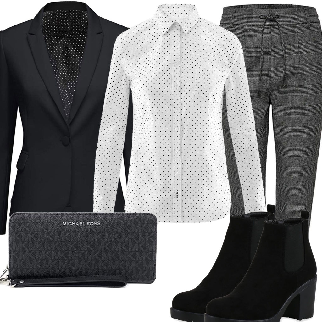 Business-Damenoutfit mit schwarzem Blazer und Hose
