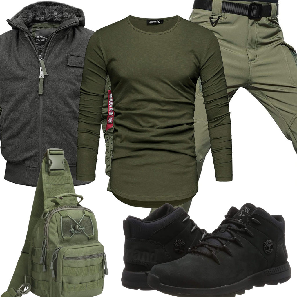 Schwarz-Grünes Herrenoutfit mit Bomberjacke und Tasche