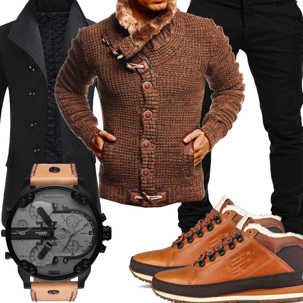 Winter-Herrenoutfit mit braunem Pullover und Stiefeln