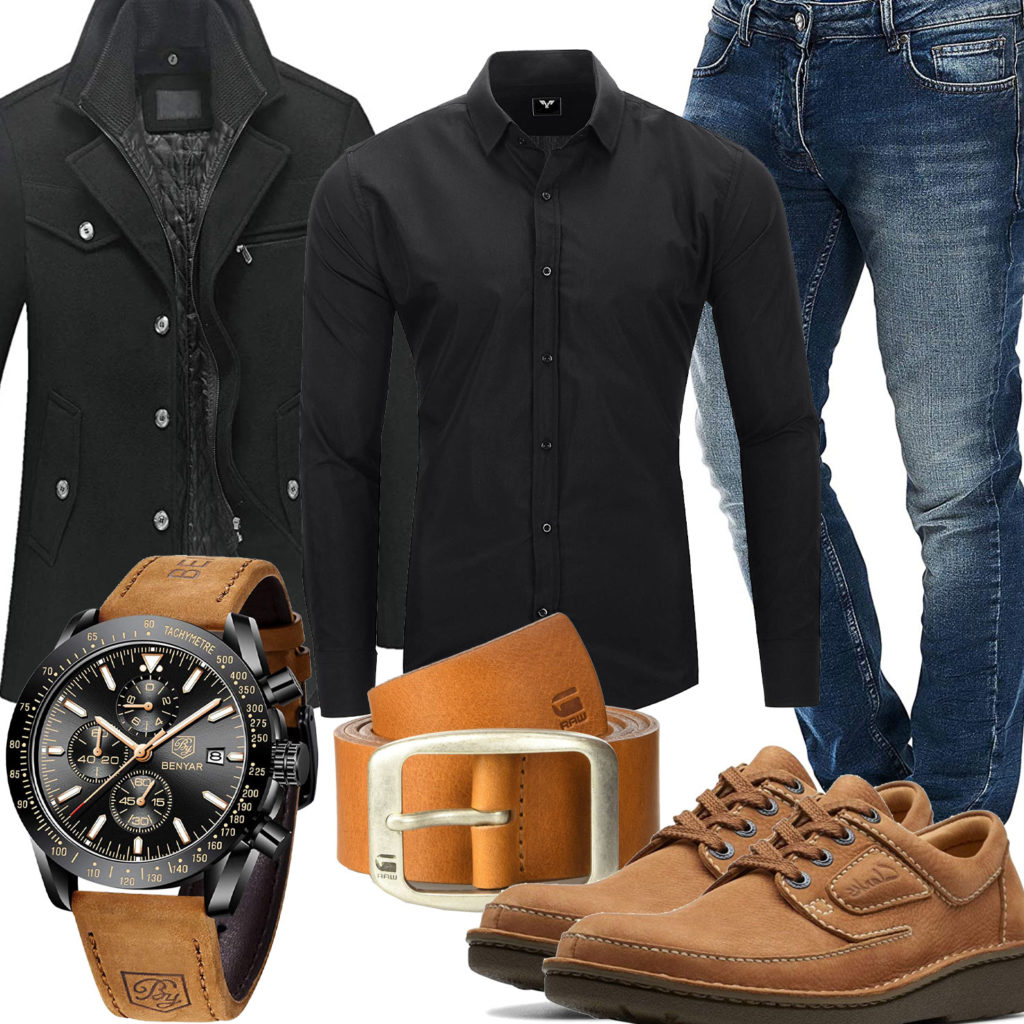 Männer-Style mit schwarzem Hemd und Wollmantel