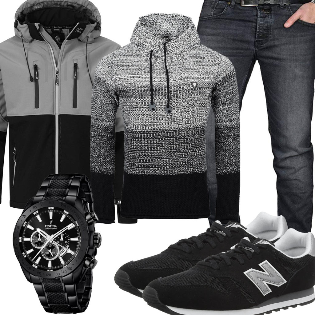 Schwarz-Graue Herrenoutfit mit Jacke, Pullover und Uhr