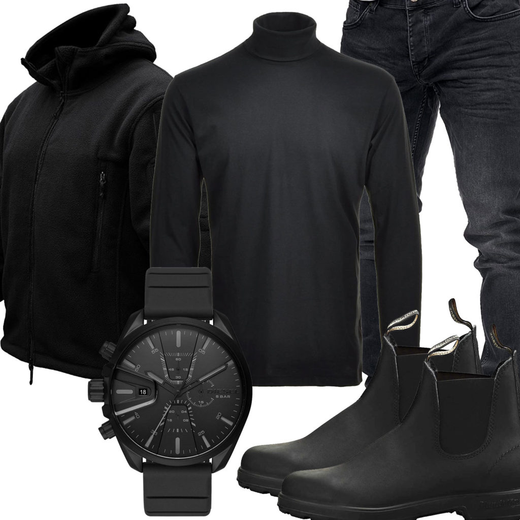 Schwarzes Herrenoutfit mit Fleecejacke und Jeans