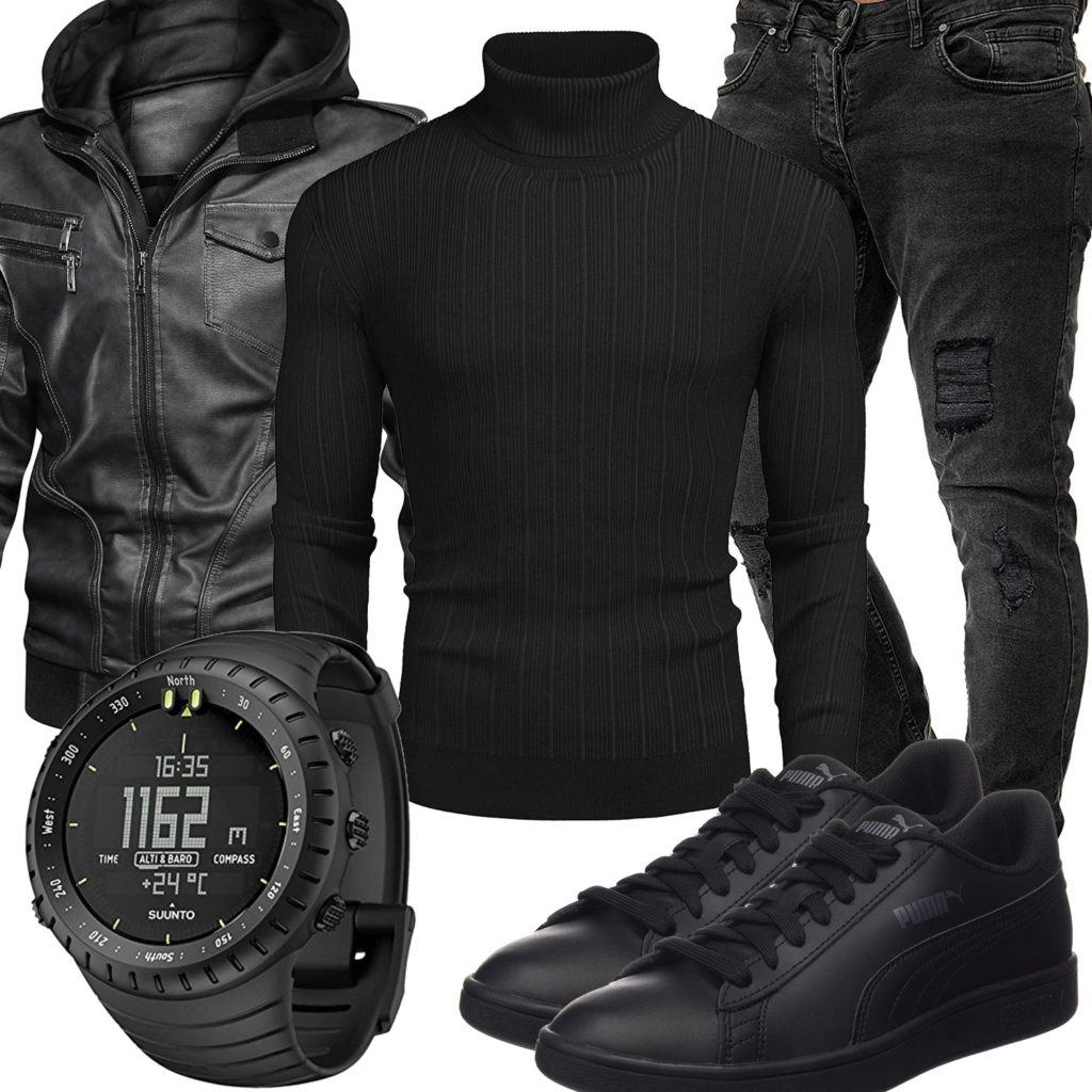 Schwarzes Herrenoutfit mit Pullover, Jeans und Uhr