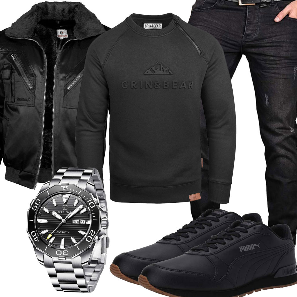 Schwarzes Herrenoutfit mit Pullover, Jacke und Jeans