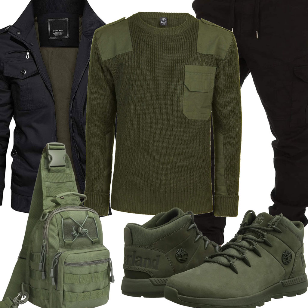 Grün-Schwarzes Herrenoutfit mit Jacke und Cargo-Hose