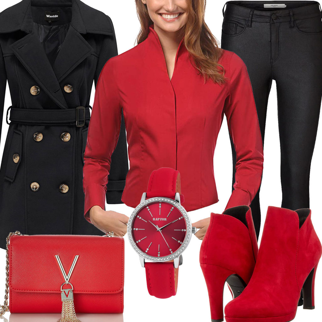 Schwarz-Rotes Frauenoutfit mit Bluse und Trenchcoat