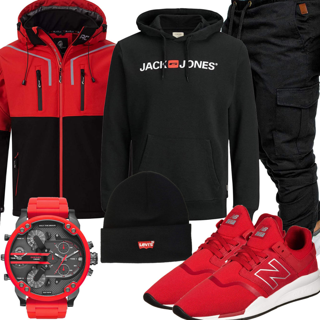 Schwarz-Rotes Herrenoutfit mit Jacke, Hoodie und XXL-Uhr