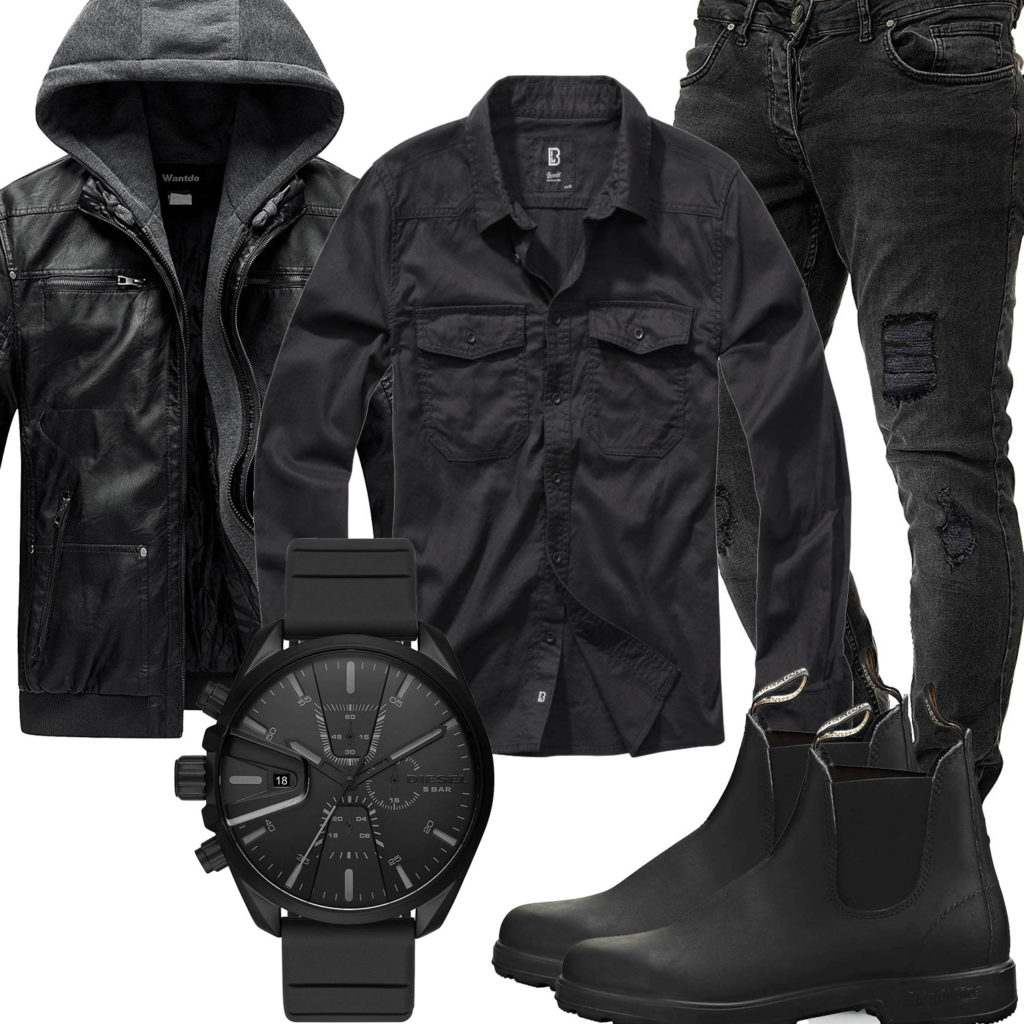 Schwarzes Herrenoutfit mit Hemd, Lederjacke und Uhr