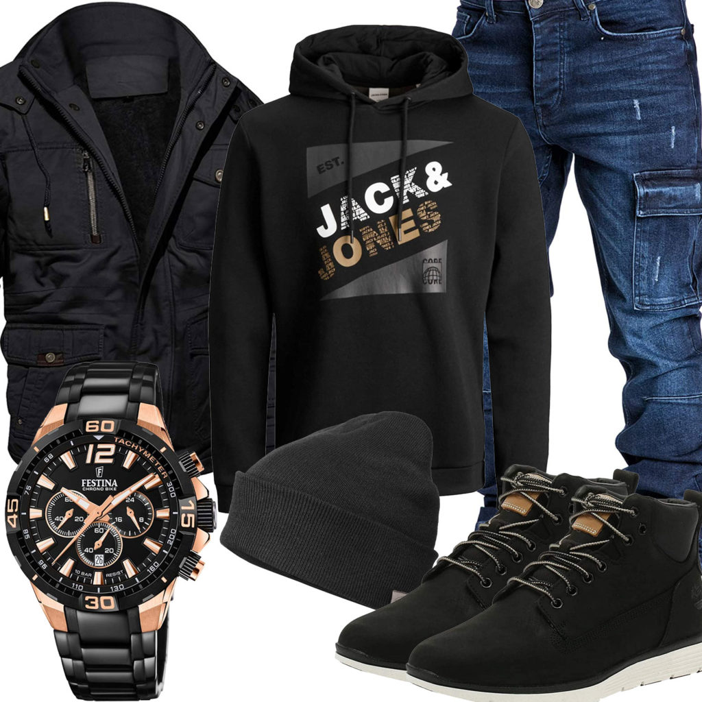 Schwarzer Style mit Hoodie, Sneakern und Uhr