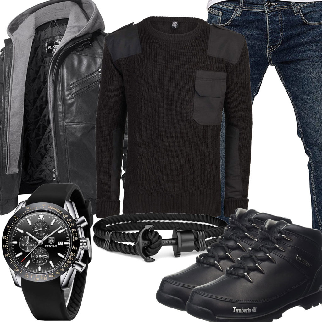 Schwarzes Herrenoutfit mit Lederjacke, Pullover und Stiefeln