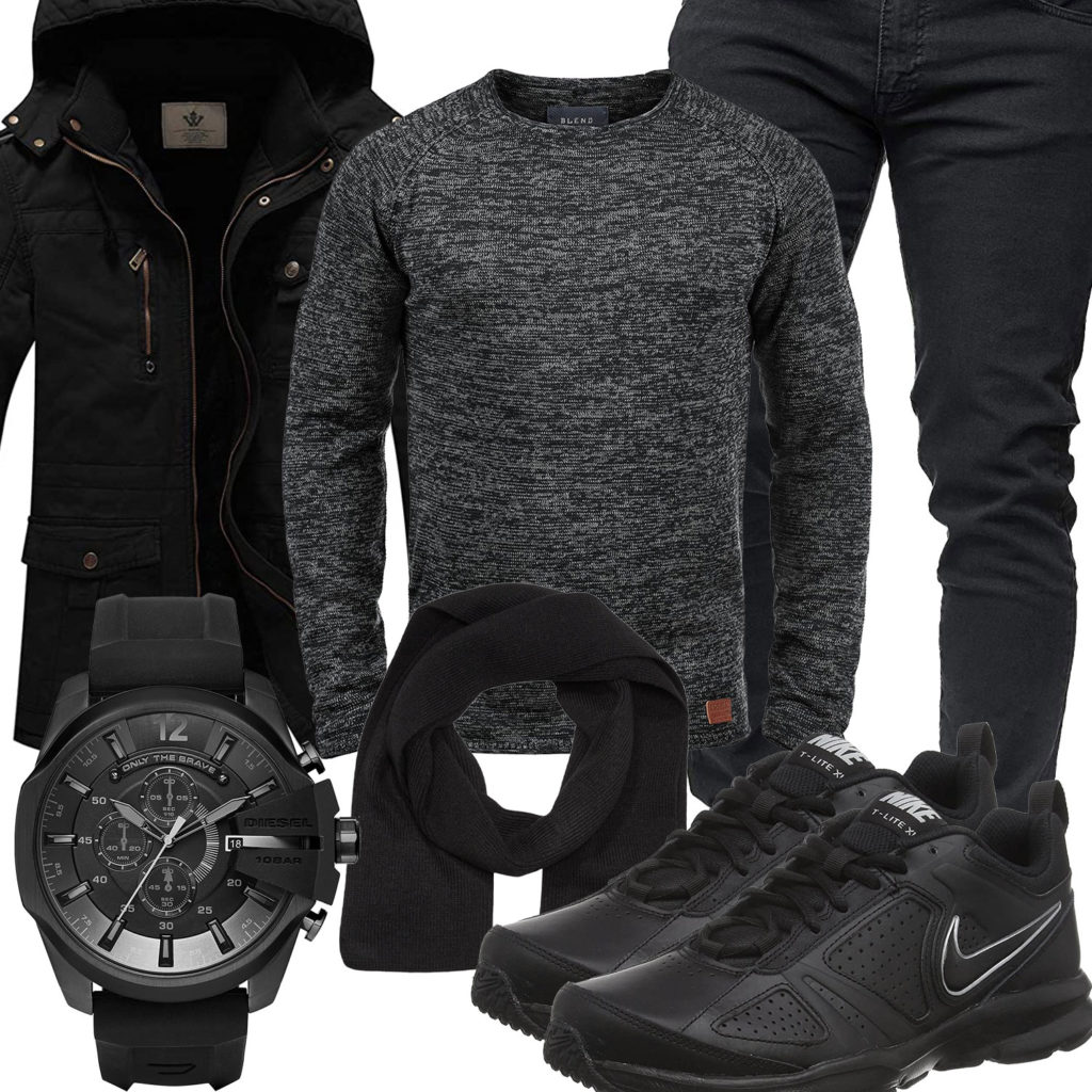 Schwarzes Herrenoutfit mit Jacke, Pullover und Jeans