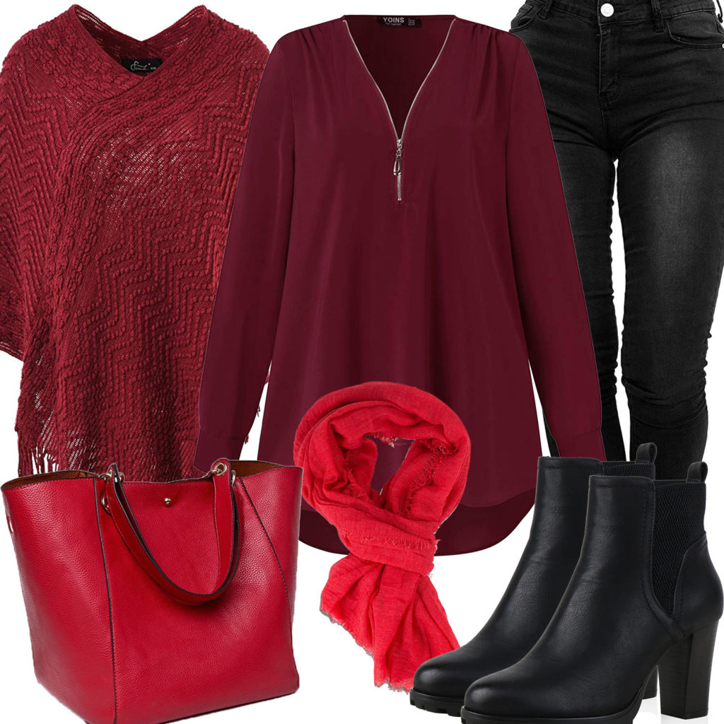 Schwarz-Rotes Damenoutfit mit Schal, Bluse und Jeans