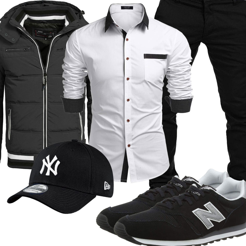 Schwarz-Weißes Herrenoutfit mit Hemd und Steppjacke
