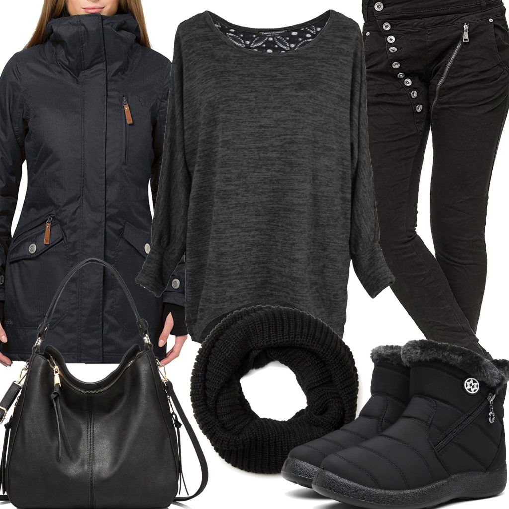Schwarzes Winter-Frauenoutfit mit Pullover, Schal und Stiefeln