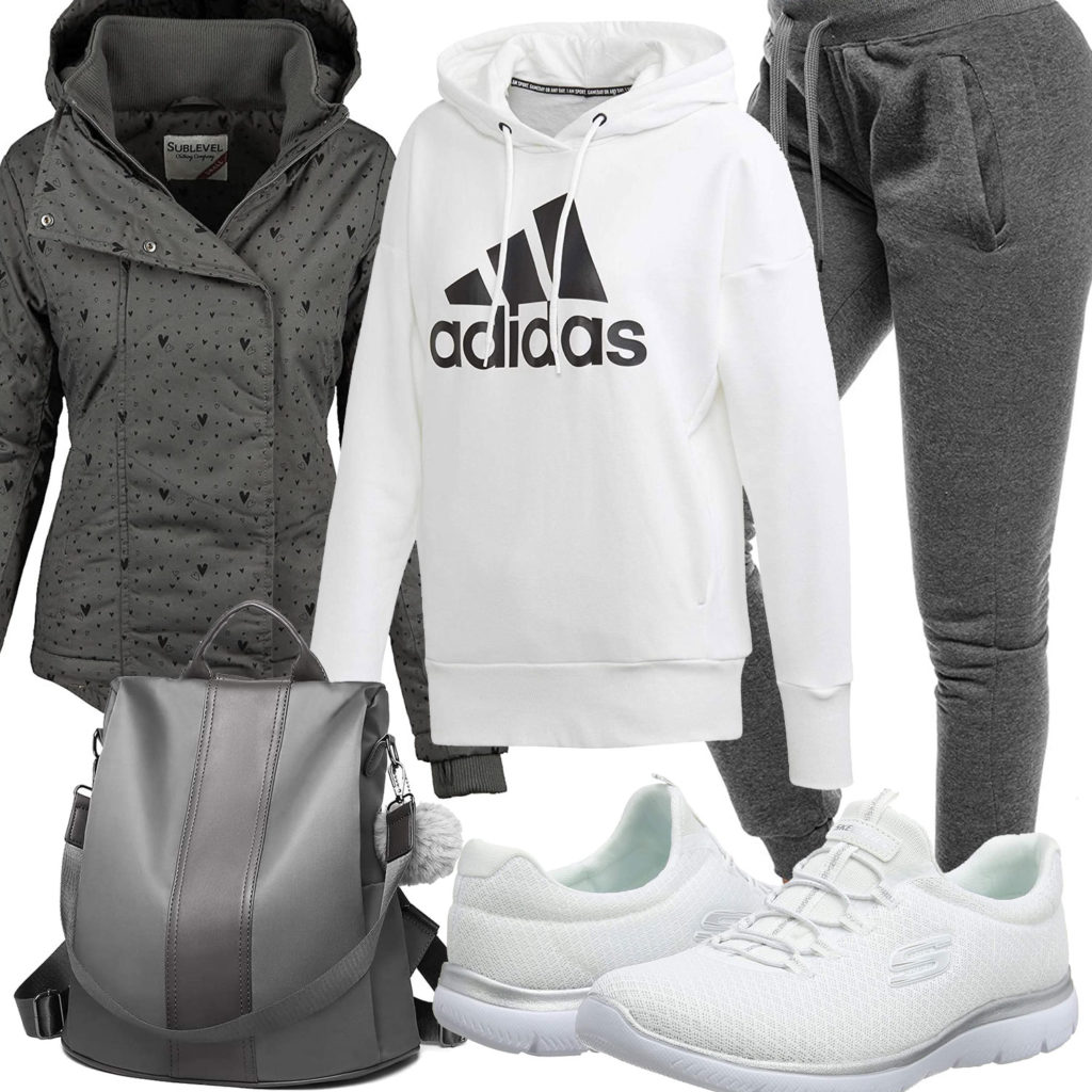 Weiß-Graues Frauenoutfit mit Hoodie, Sneakern und Jacke