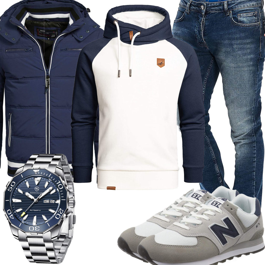 Blau-Weißes Herrenoutfit mit Hoodie, Steppjacke und Jeans