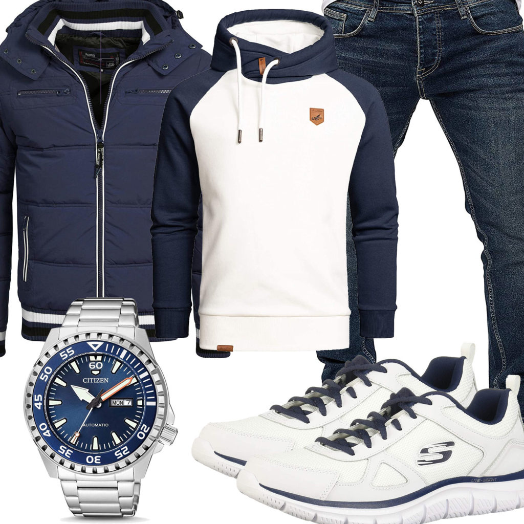 Blau-Weißes Herrenoutfit mit Hoodie, Steppjacke und Jeans