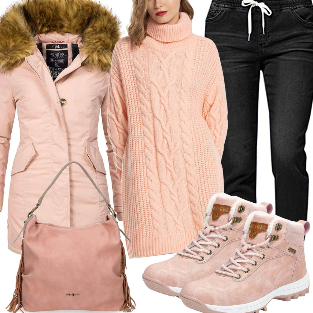 Apricot Damenoutfit mit Strickpullover, Winterjacke und Stiefeln