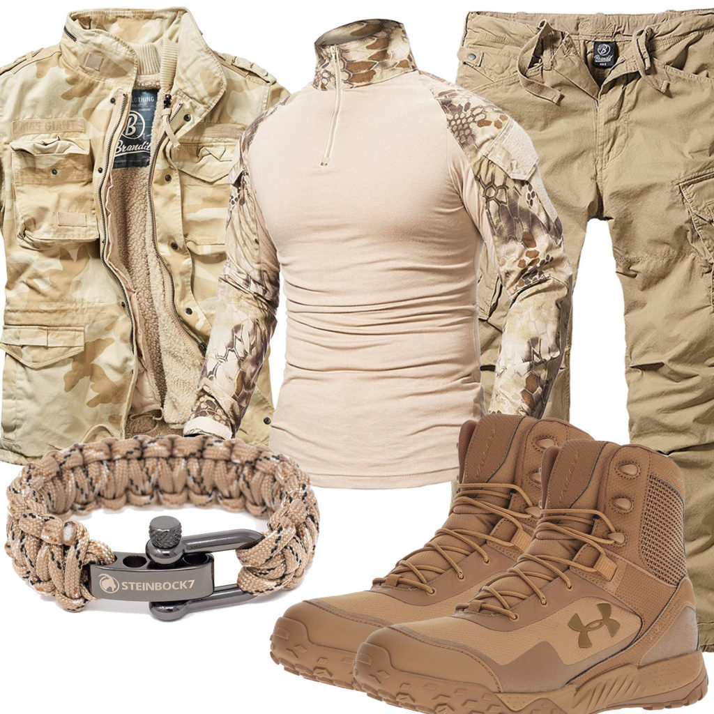 Beige-Sandbraunes Herrenoutfit mit Boots und Paracord-Armband
