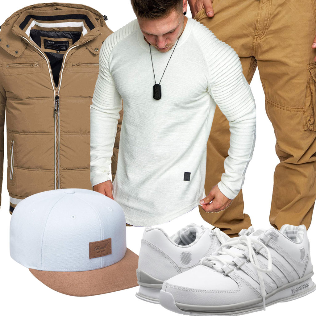 Beige-Weißes Herrenoutfit mit Cap und Sneakern
