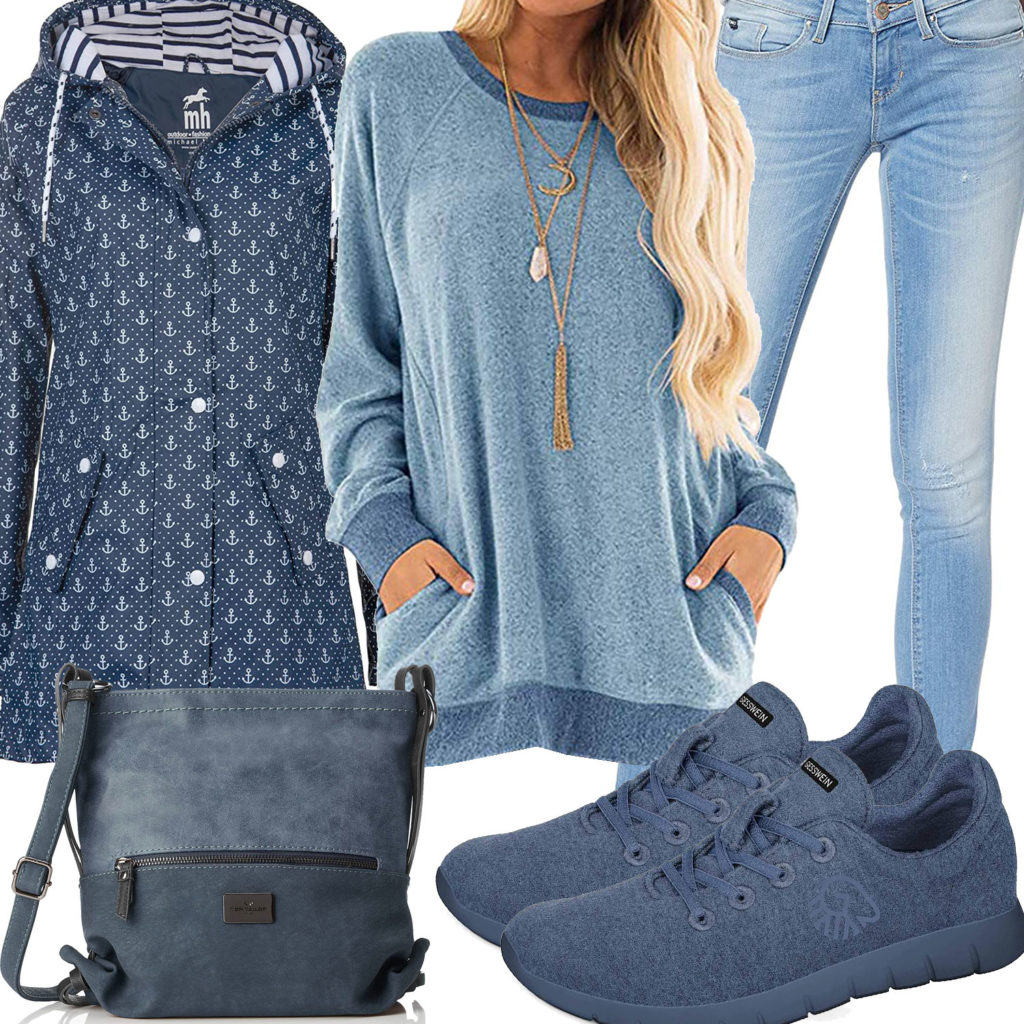 Blauer Damen-Style mit Sneakern und Pullover