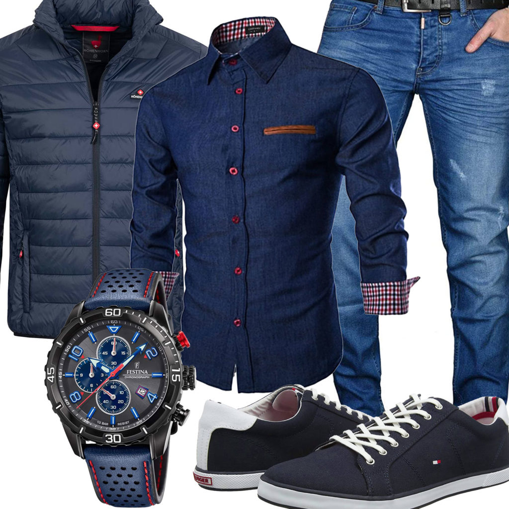 Blaues Herrenoutfit mit Jeanshemd, Steppjacke und Uhr