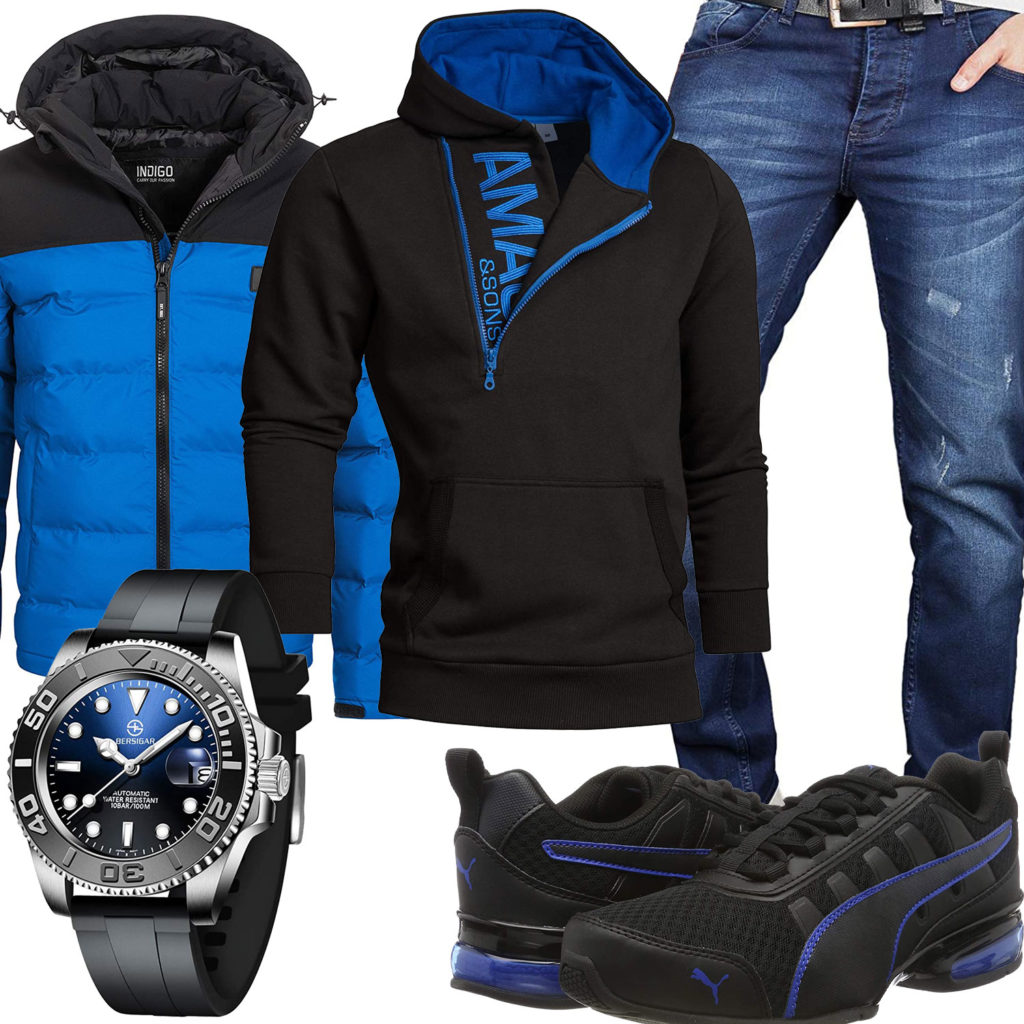 Herren-Style mit blau-schwarzer Steppjacke und Hoodie
