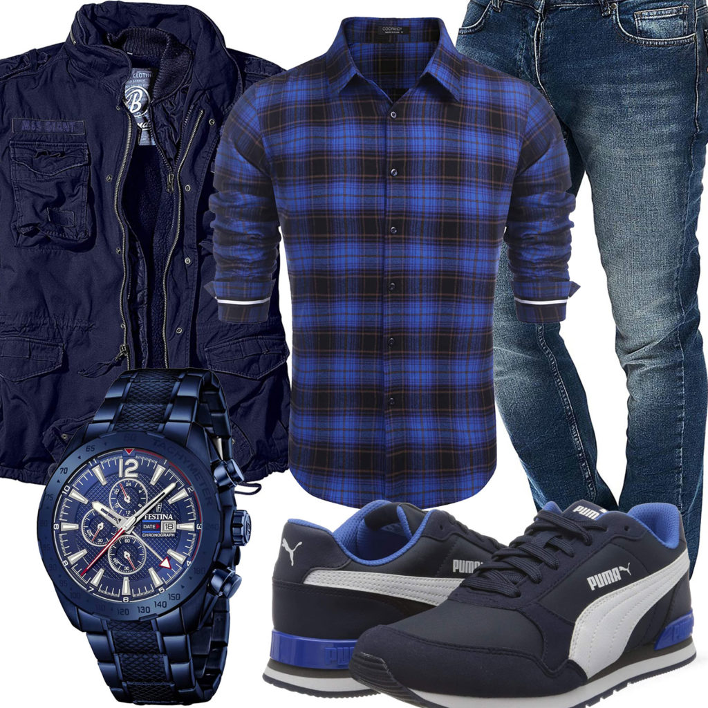 Blaues Herrenoutfit mit Hemd, Jeans und Parka
