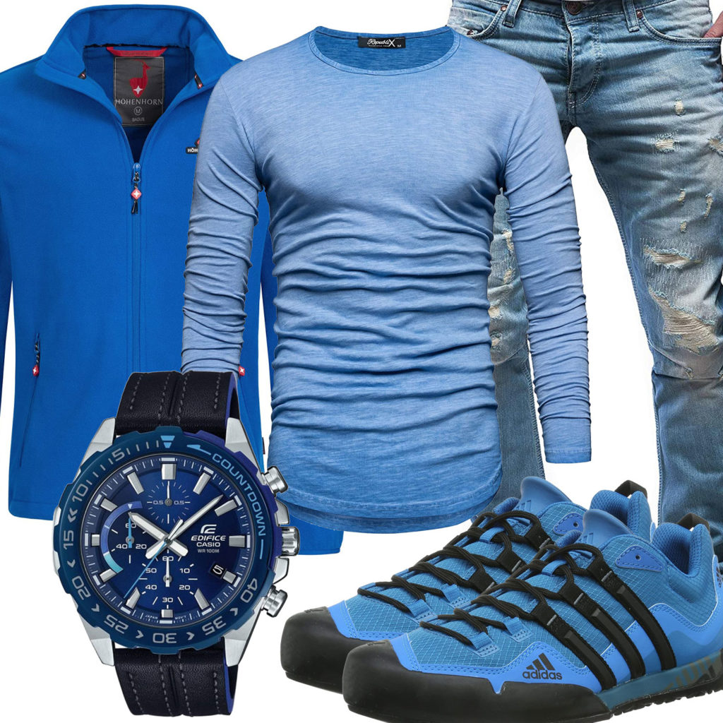 Blaues Herrenoutfit mit Longsleeve, Sneakern und Uhr
