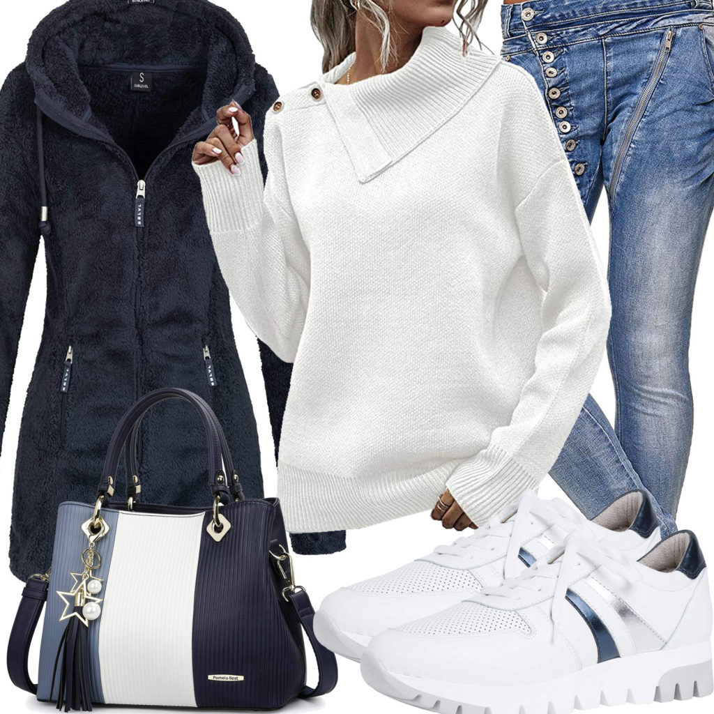 Blau-Weißes Frauenoutfit mit Jeans und Fleecejacke