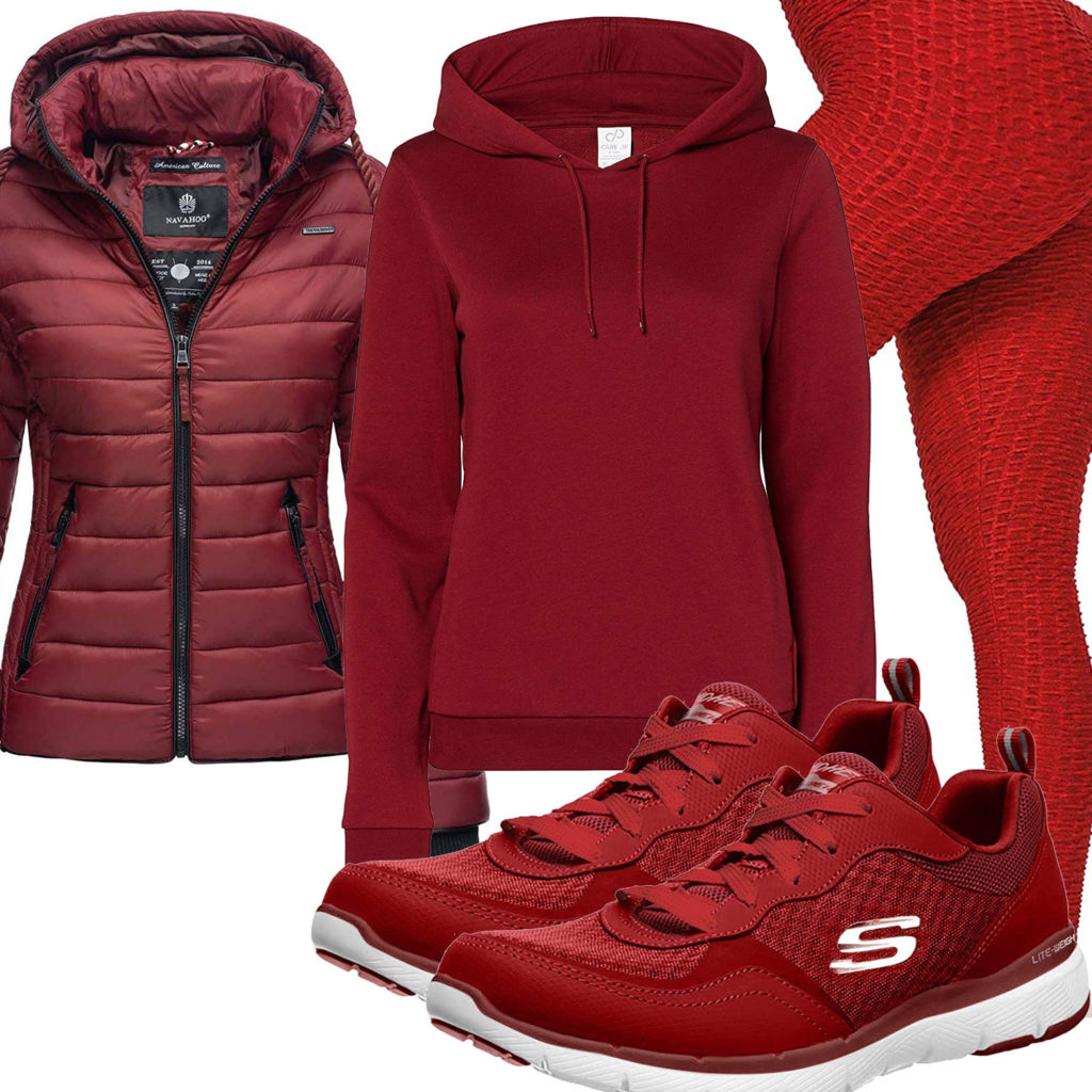Bordeaux-Rotes Frauenoutfit mit Leggings und Sneakern