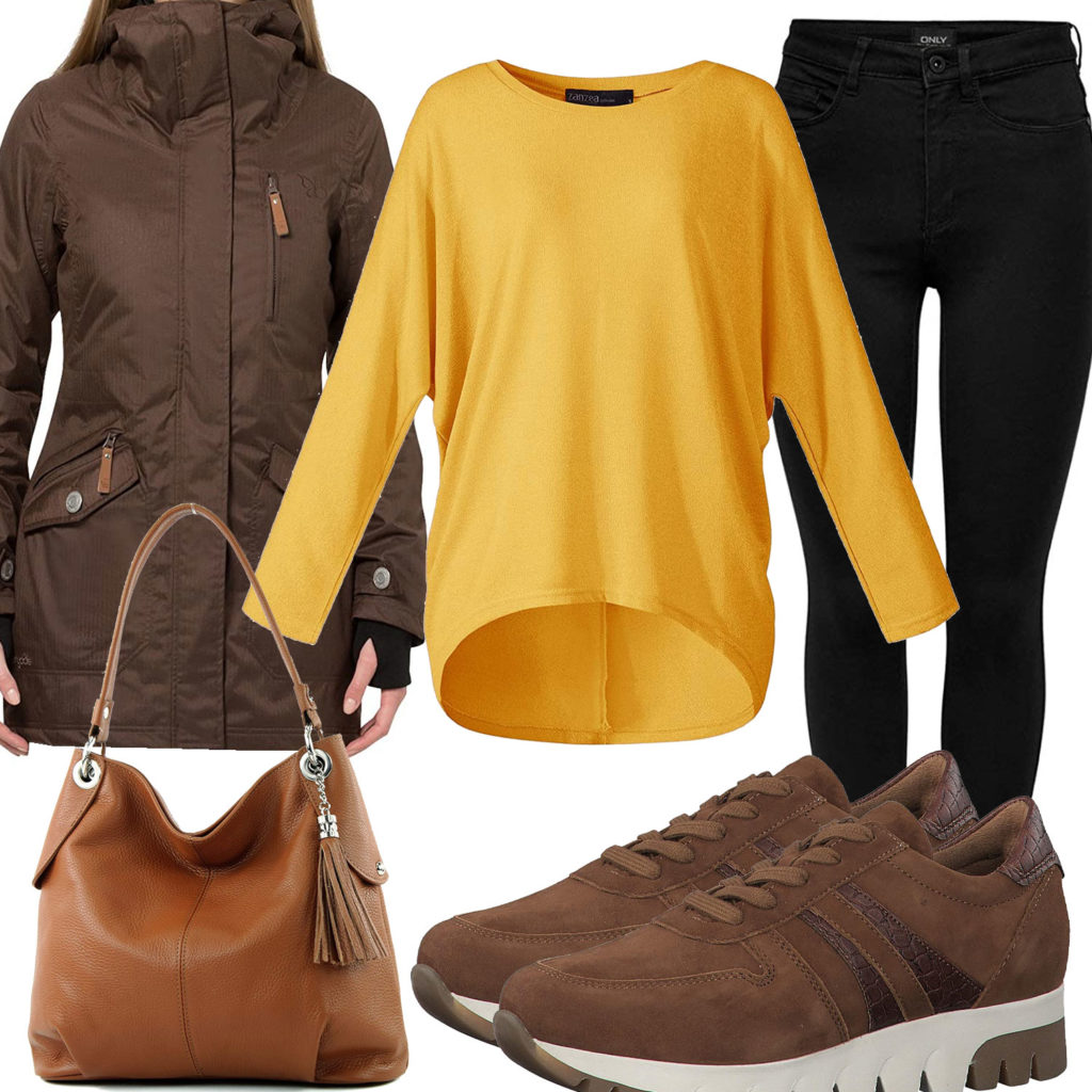 Winter-Frauenoutfit mit brauner Tasche, Sneakern und Jacke