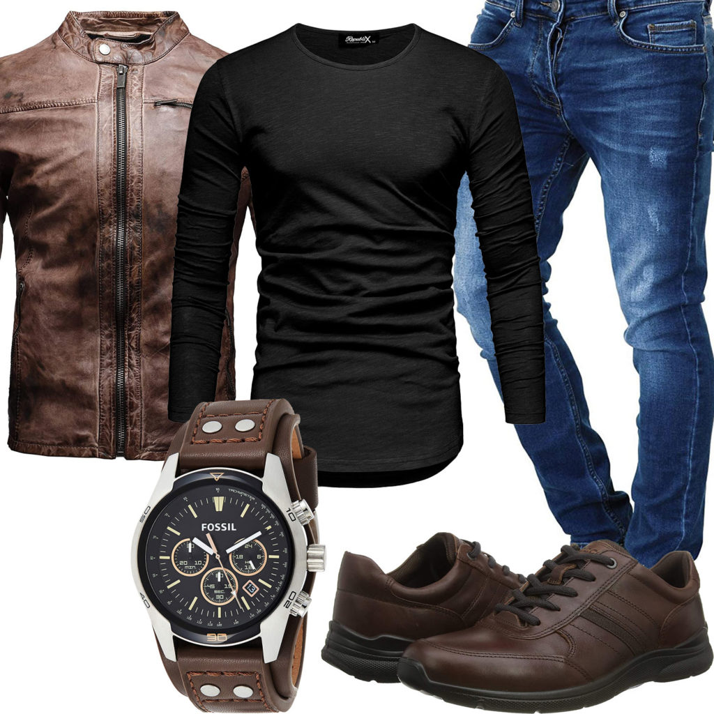 Herren-Style mit brauner Lederjacke, Uhr und Ecco's